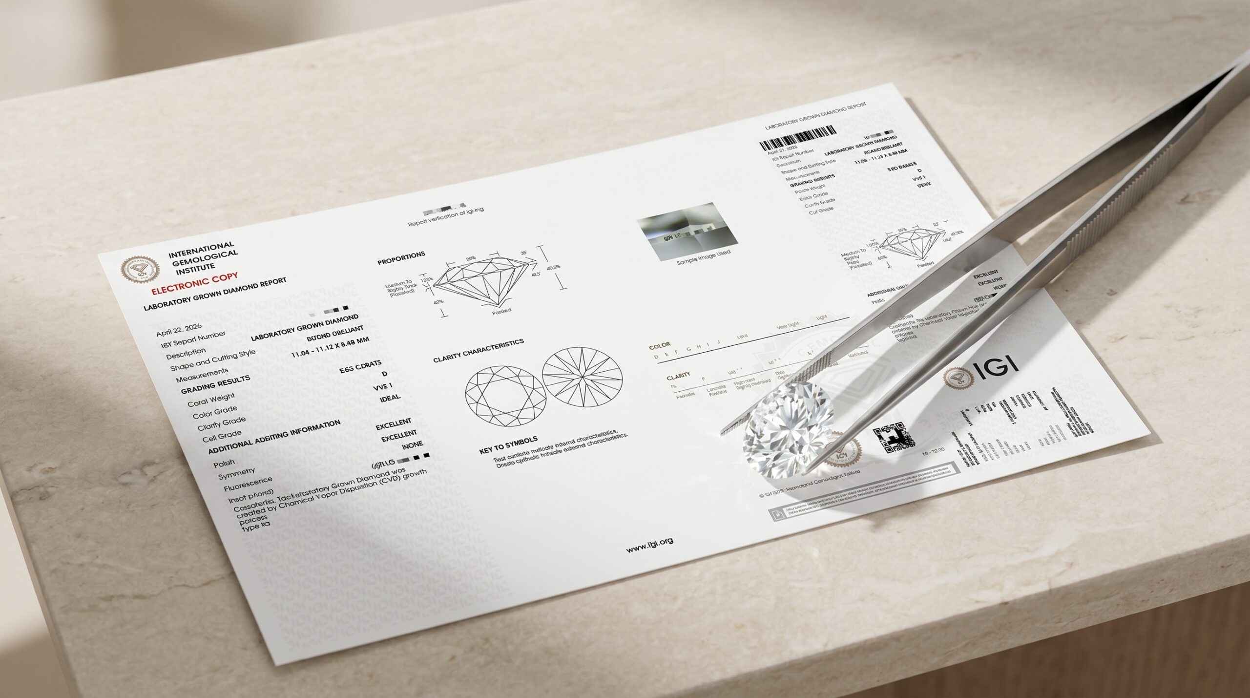 Sample IGI certificate for lab grown diamond