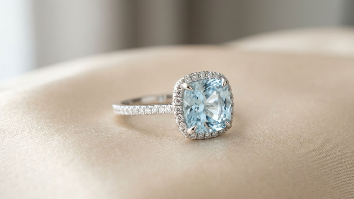 Aquamarine and lab-grown diamond everyday ring in white metal setting