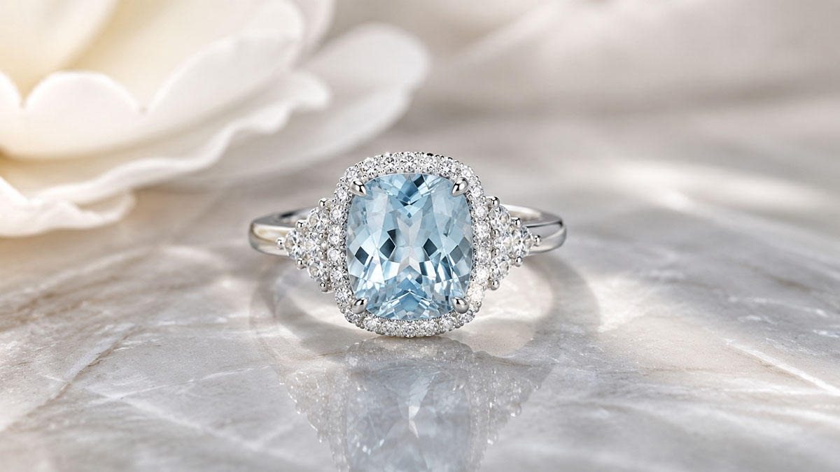Aquamarine and lab-grown diamond ring in white metal setting