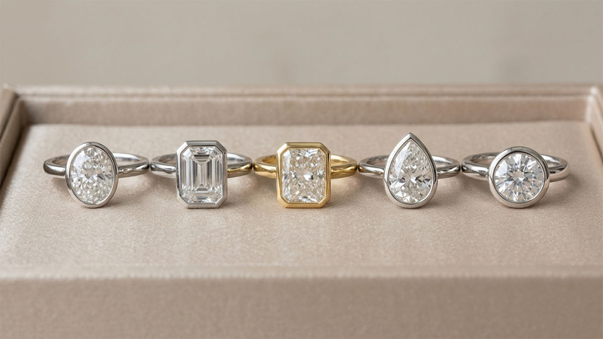 Bezel diamond shape comparison with oval emerald radiant pear and round rings