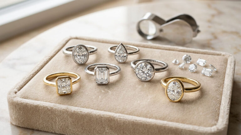 Several bezel set diamond rings in white and yellow gold on a velvet tray.