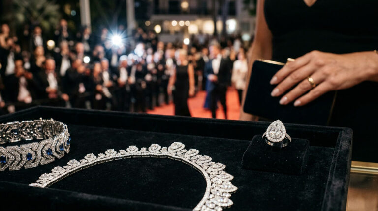 Diamond necklaces and a ring displayed with a red carpet event in the background.
