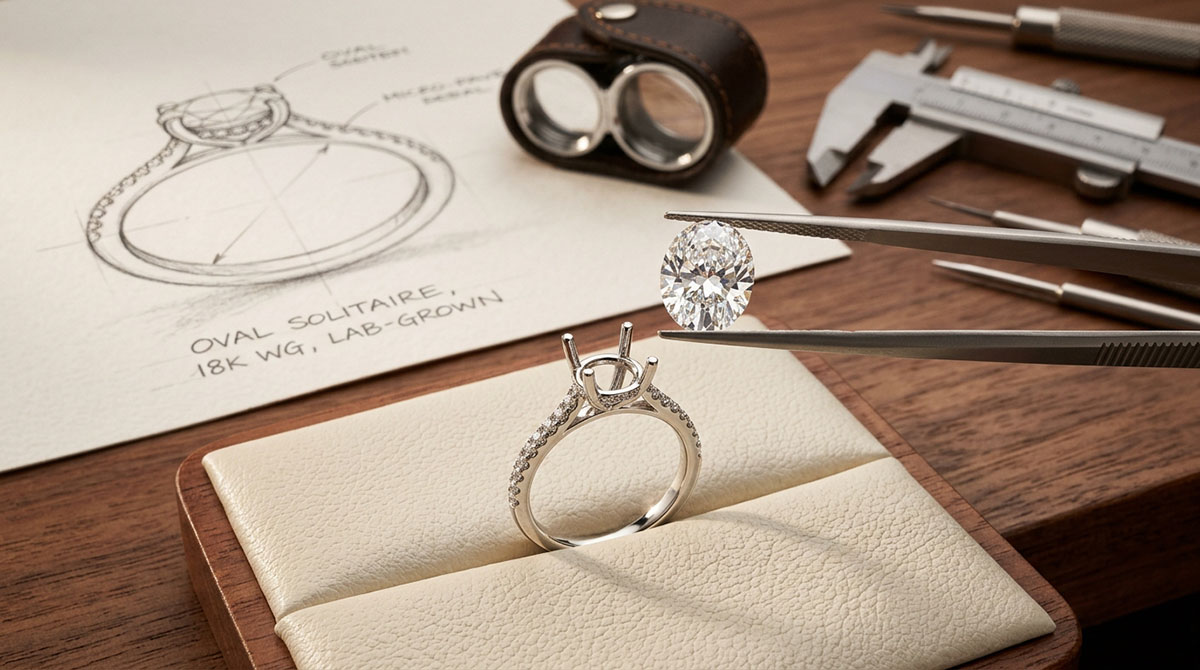 Loose lab-grown diamond matched with engagement ring setting before production
