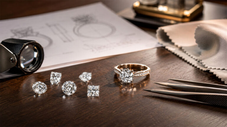 Loose diamonds, a ring and a design sketch on a jeweller's workbench.