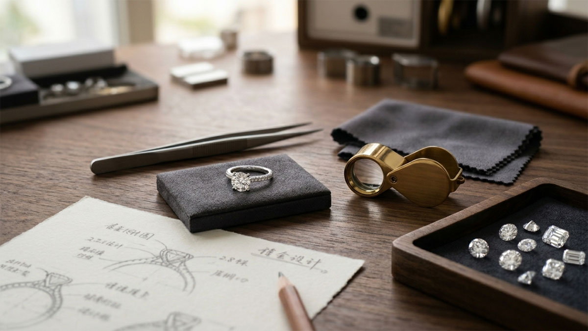 Chinese jewelry craftsmanship with finished lab-grown diamond ring on a fine jewelry workbench