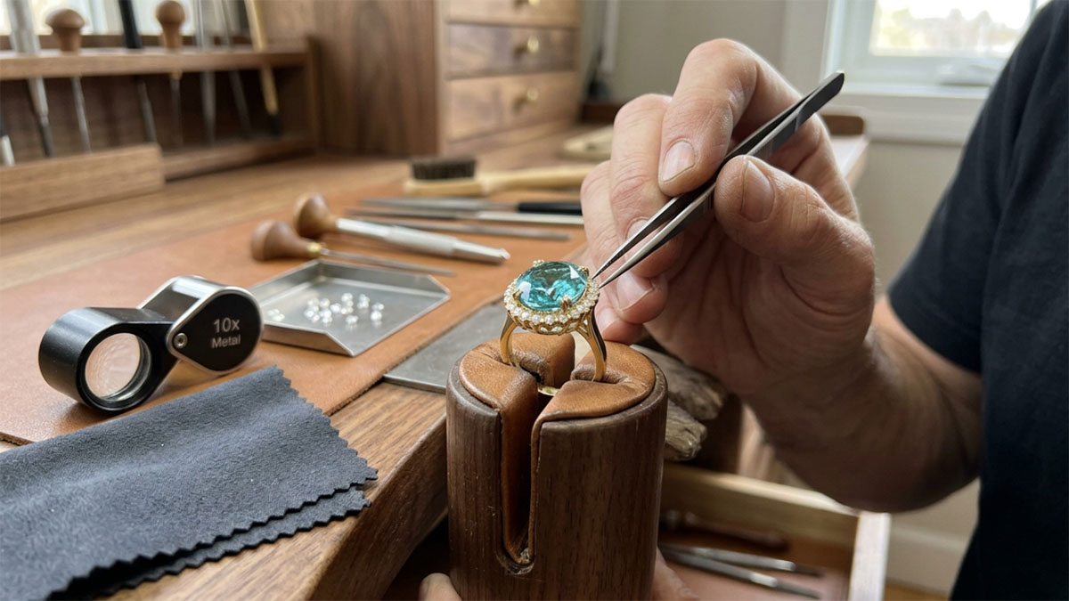 Colored gemstone and lab-grown diamond jewelry craftsmanship with precise setting details