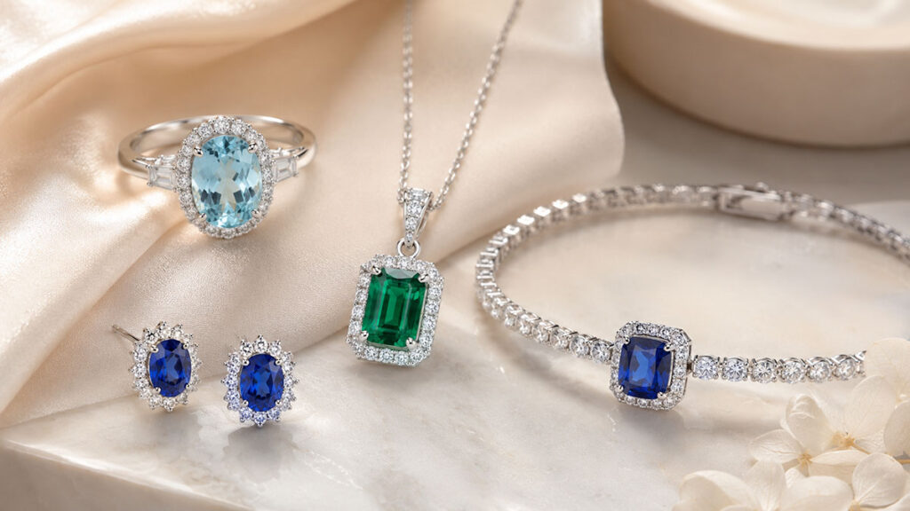Aquamarine, emerald and sapphire jewellery set with diamonds on silk fabric.