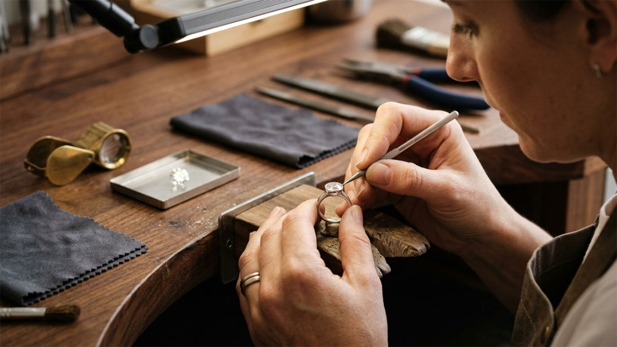 Custom bezel ring setting craftsmanship with smooth metal edge and diamond protection