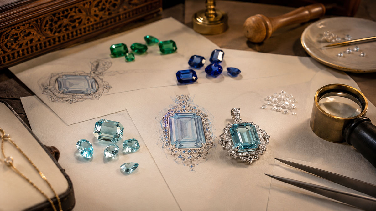 Custom colored gemstone jewelry workbench with lab-grown diamonds and design sketch
