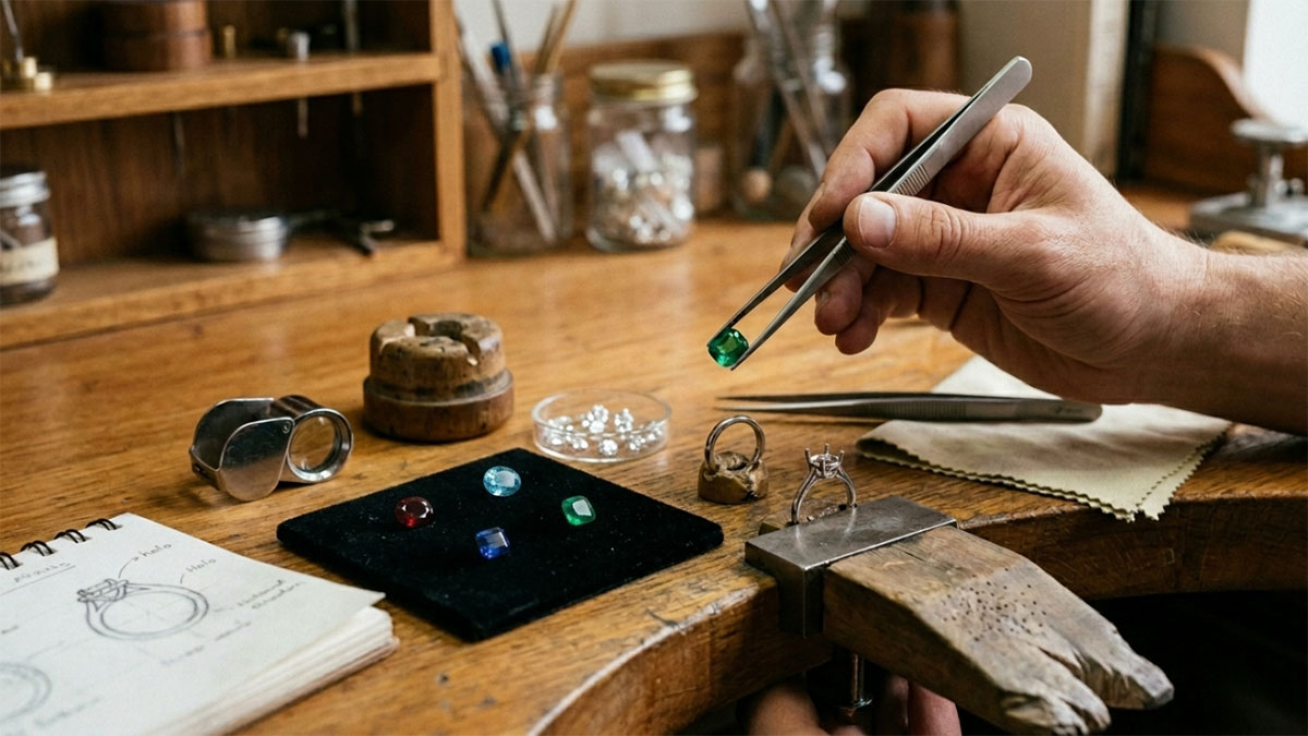 Custom colored gemstone and lab-grown diamond jewelry workbench