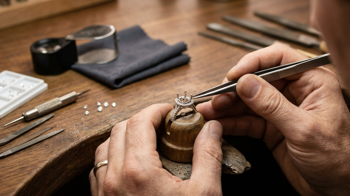 Custom diamond ring setting craftsmanship with prong adjustment and quality check