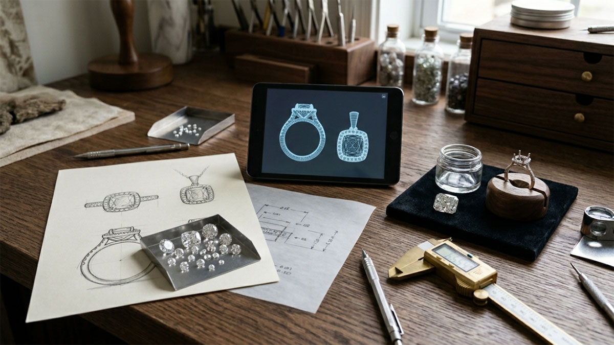 Custom lab-grown diamond jewelry design process with sketch loose diamond and ring setting