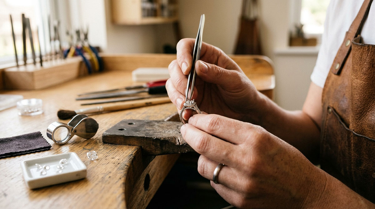 Custom lab-grown diamond ring setting craftsmanship with prong adjustment and quality check
