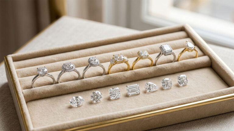 A tray of diamond engagement rings in different styles with loose stones.