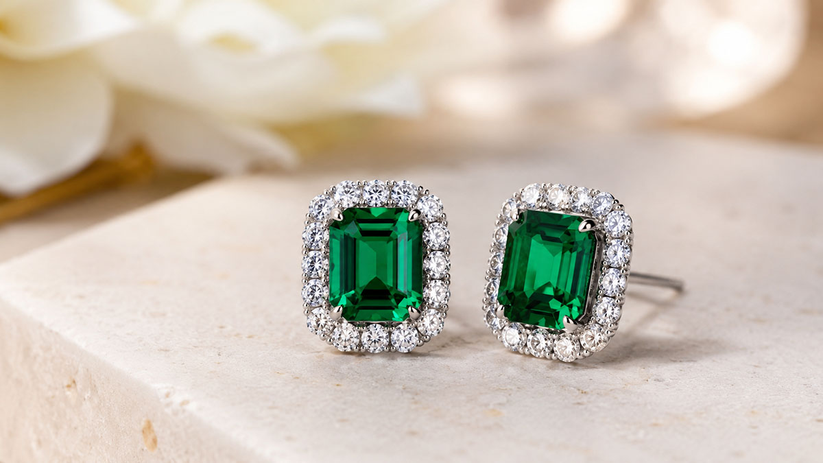Emerald green gemstone jewelry with lab-grown diamond halo accents