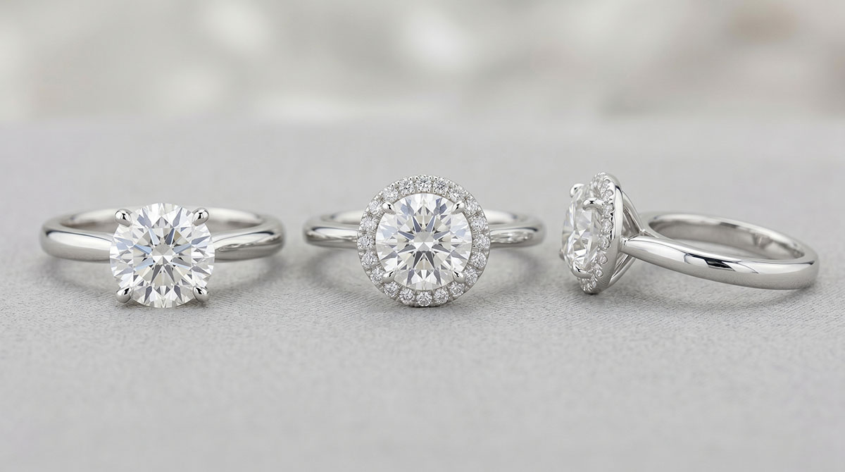 Engagement ring setting style comparison with solitaire halo and hidden halo designs