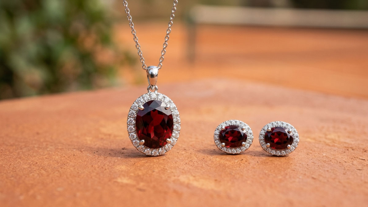 Garnet colored gemstone jewelry with lab-grown diamond accents in sporty luxury style