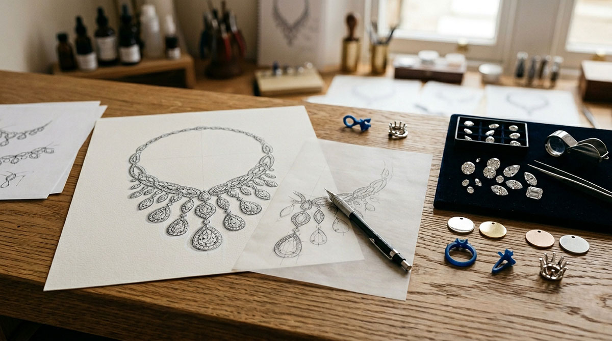 High jewelry design inspiration sketch with loose lab-grown diamonds and custom jewelry concept