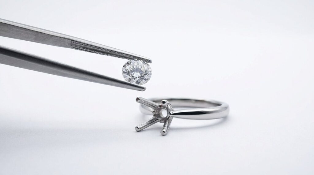 A lab grown diamond held in tweezers above the empty prongs of a solitaire engagement ring setting.