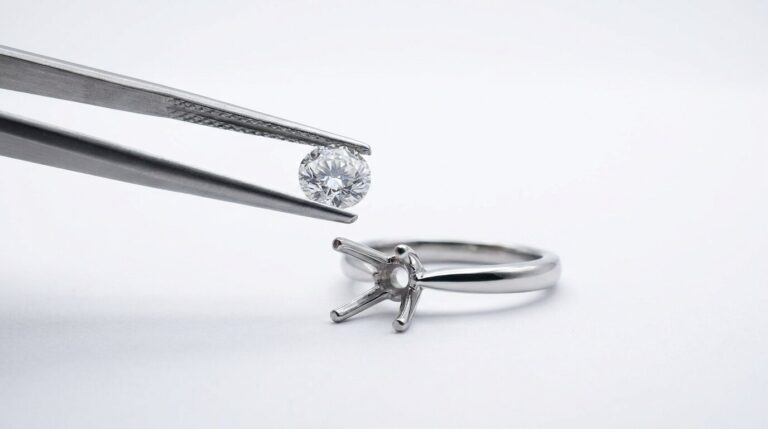 A lab grown diamond held in tweezers above the empty prongs of a solitaire engagement ring setting.