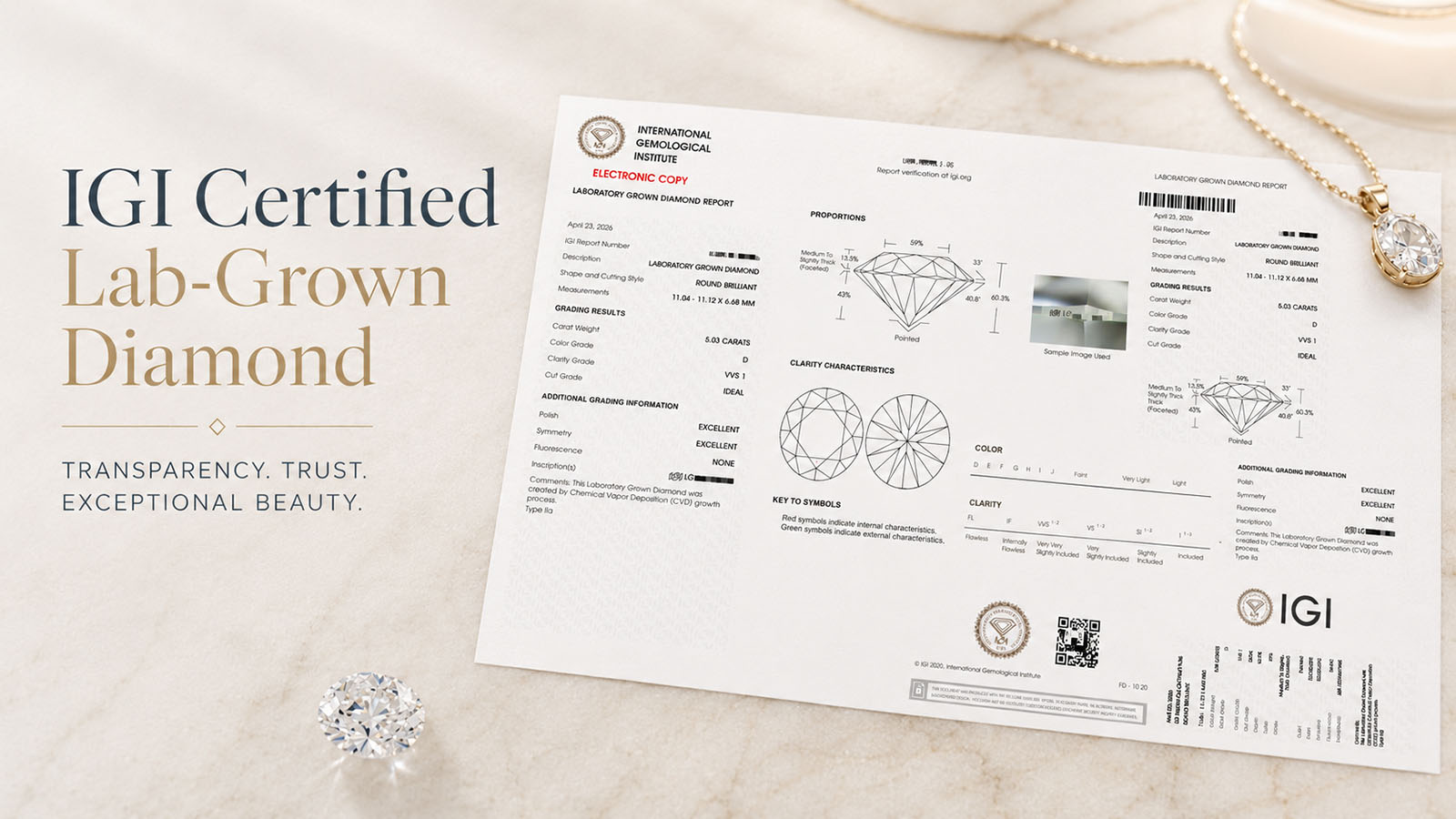 IGI certified lab-grown diamond report concept