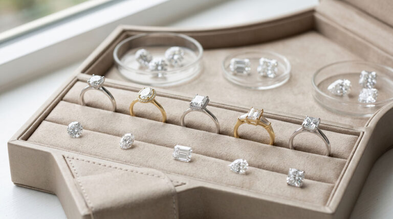 Diamond rings in different settings displayed in a jewellery case with loose stones.