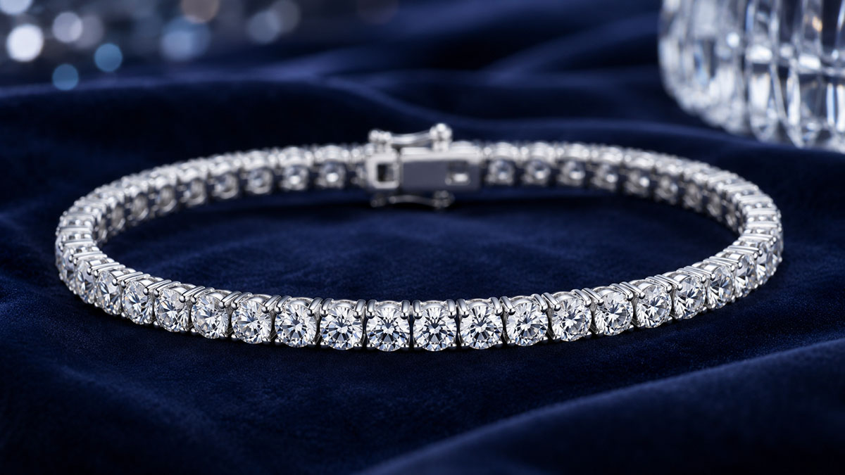Lab-grown diamond tennis bracelet on dark velvet