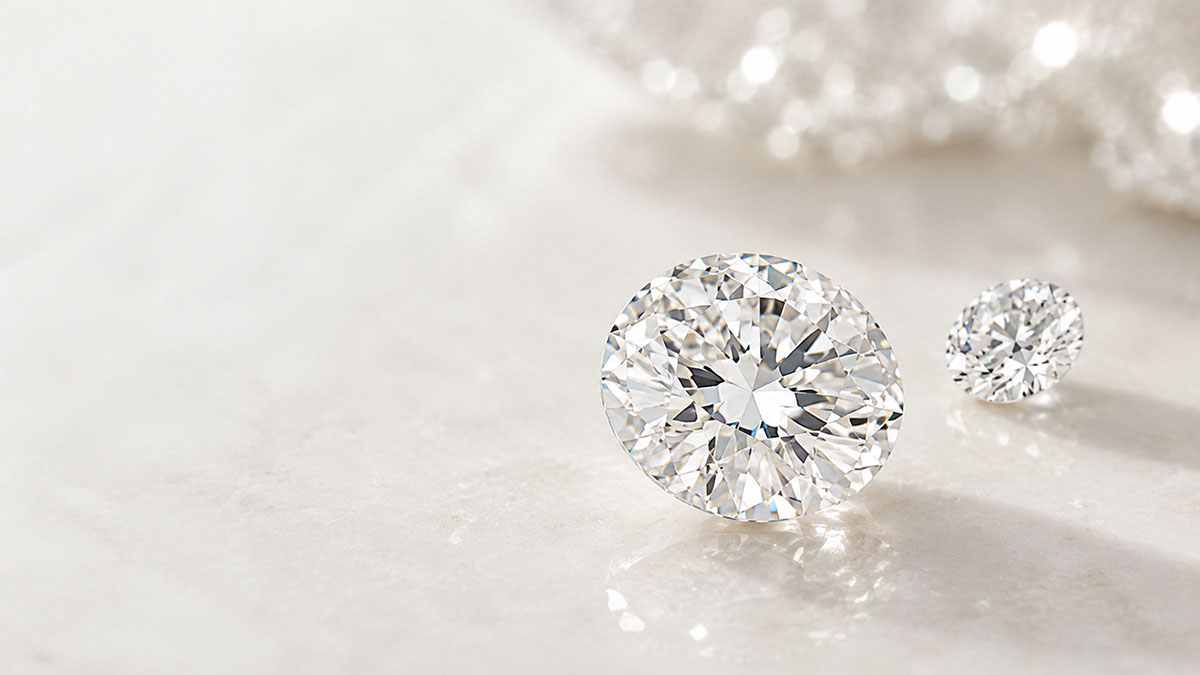 Loose lab-grown diamonds close-up on a polished surface