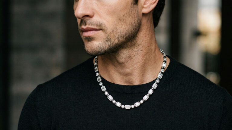 A man wearing a diamond tennis necklace over a black top.