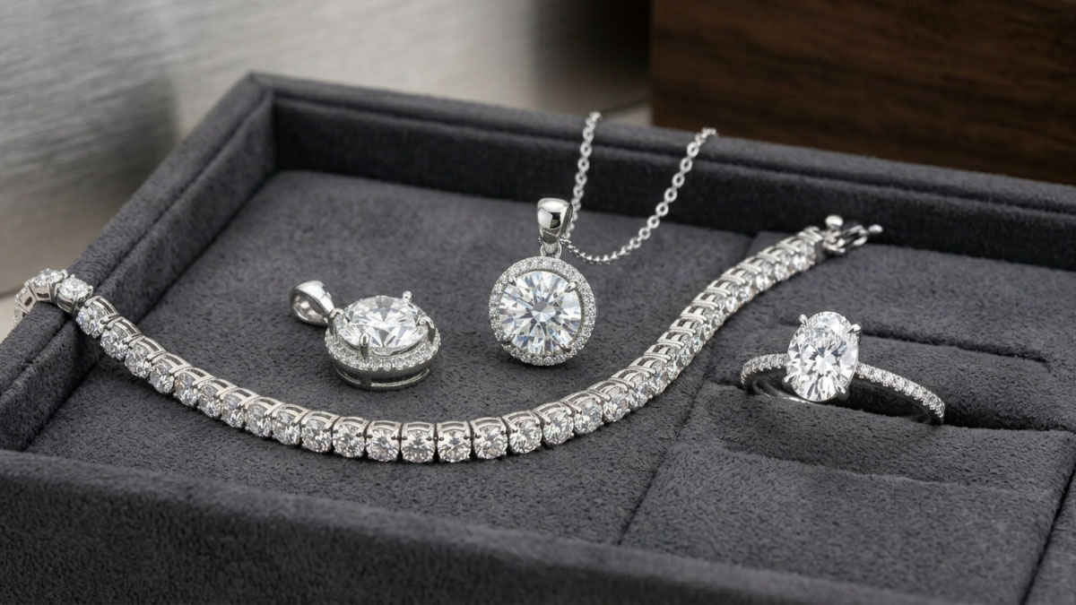 Modern lab-grown diamond jewelry set with necklace bracelet pendant and ring