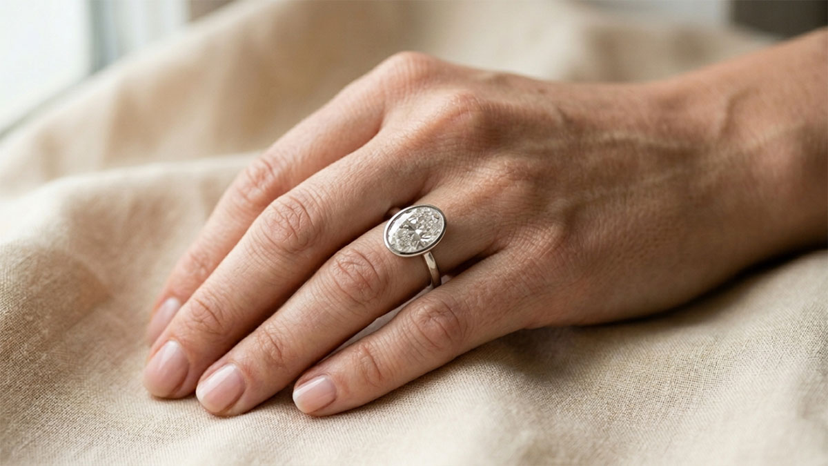 Oval bezel diamond engagement ring on hand with low profile setting