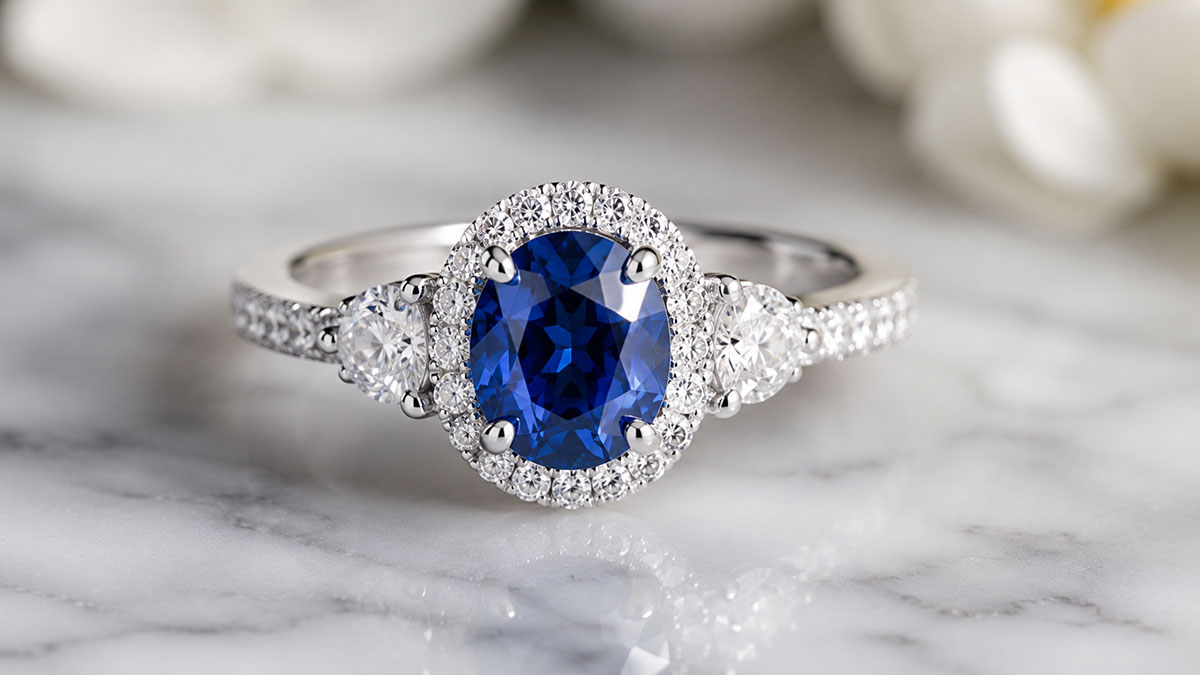 Sapphire blue gemstone engagement ring with lab-grown diamond halo and side stones
