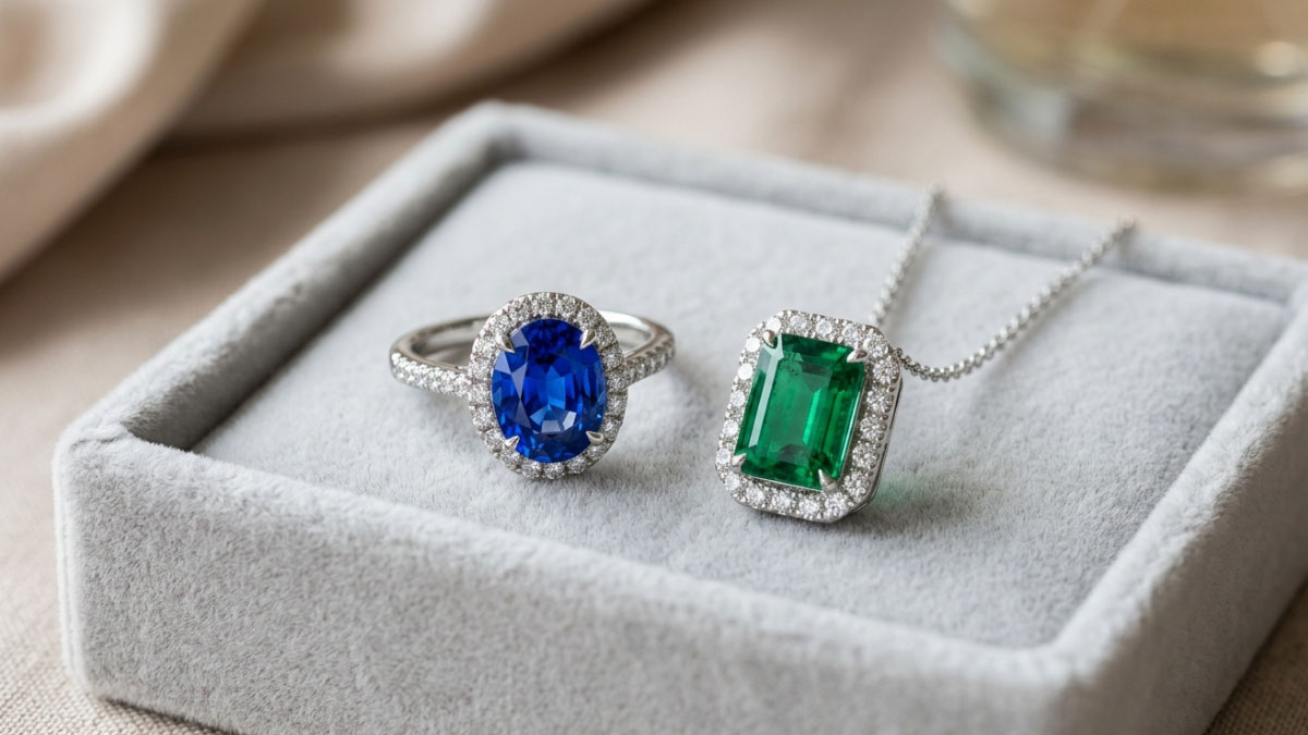 Sapphire blue and emerald green gemstone jewelry with lab-grown diamond accents