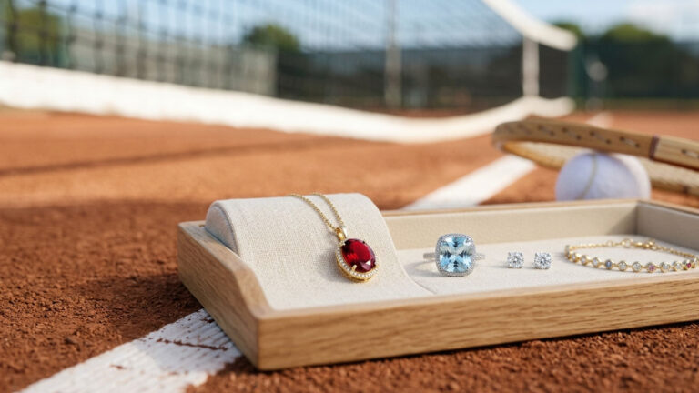 Coloured gemstone and diamond jewellery on a tray beside a tennis court.
