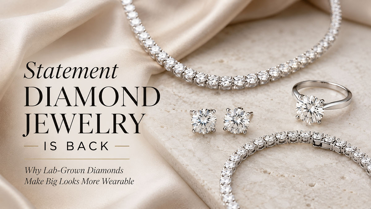 Statement diamond jewelry with lab-grown diamond ring bracelet and earrings