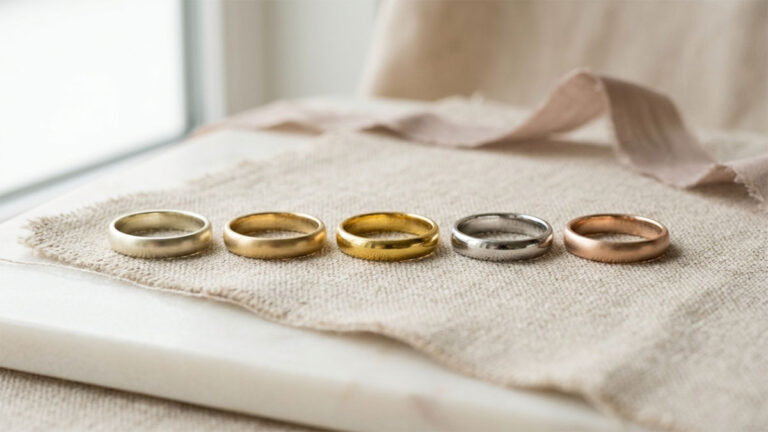 Five plain wedding bands in different gold karats and colours on linen fabric.