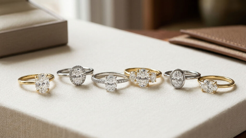 A row of oval diamond rings in white and yellow gold settings on a display tray.