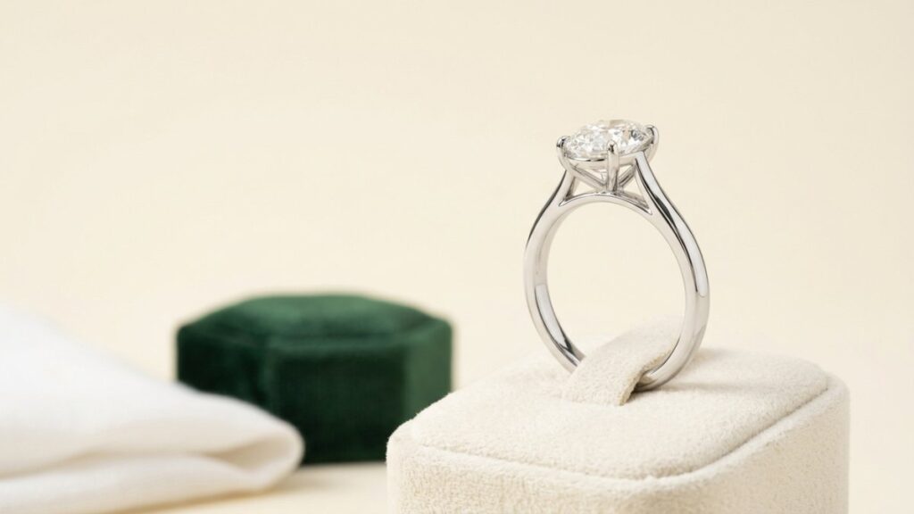 A cathedral setting diamond ring displayed on a velvet ring box.