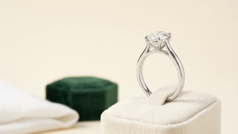 A cathedral setting diamond ring displayed on a velvet ring box.