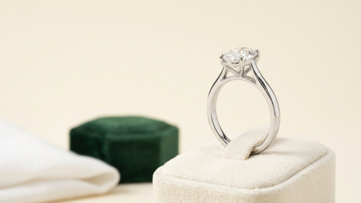 Side profile of a cathedral setting engagement ring with arched shoulders.