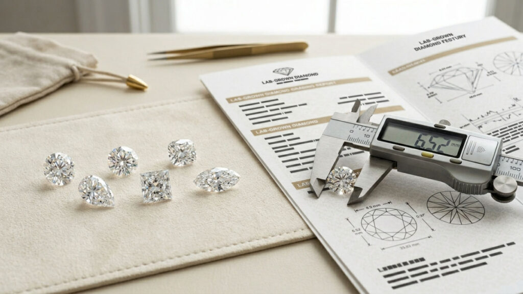 Loose diamonds with digital calipers and a lab grown diamond report on a workbench.