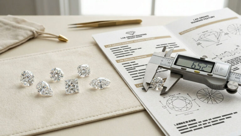Loose diamonds with digital calipers and a lab grown diamond report on a workbench.