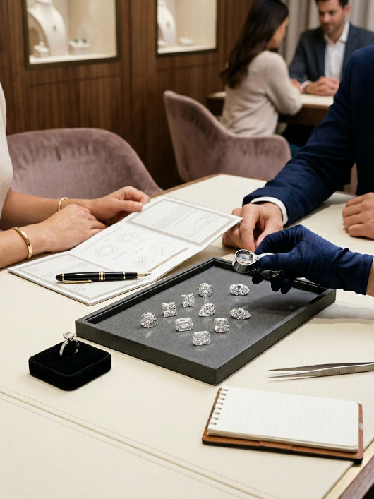 Diamond shape buying checklist with loose diamonds, ring setting, grading report, and pen.