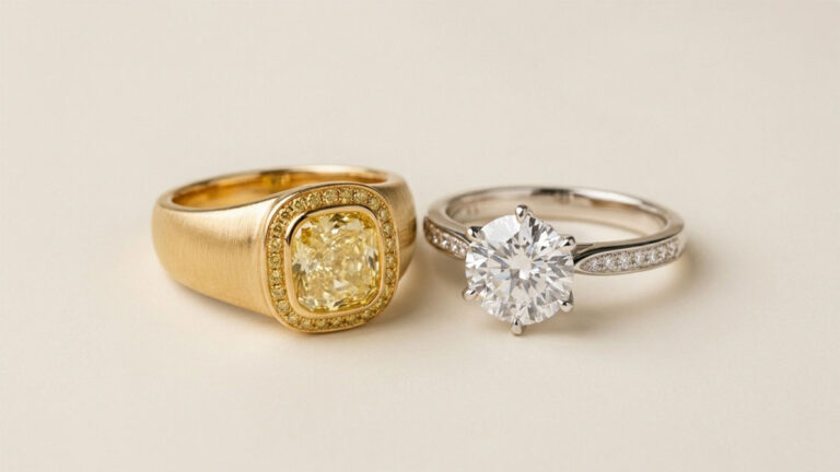 A yellow gold ring with a yellow diamond beside a white gold diamond solitaire ring.