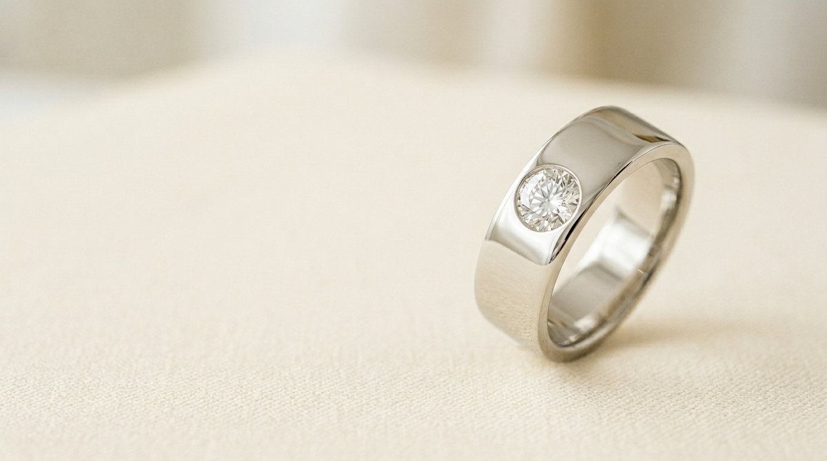 Flush set diamond ring with diamond surface level with the metal band.