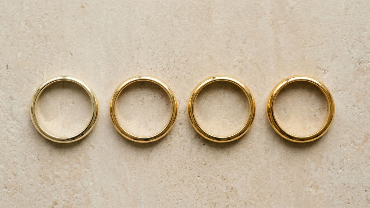 Comparison of 9K, 10K, 14K, and 18K gold ring bands.