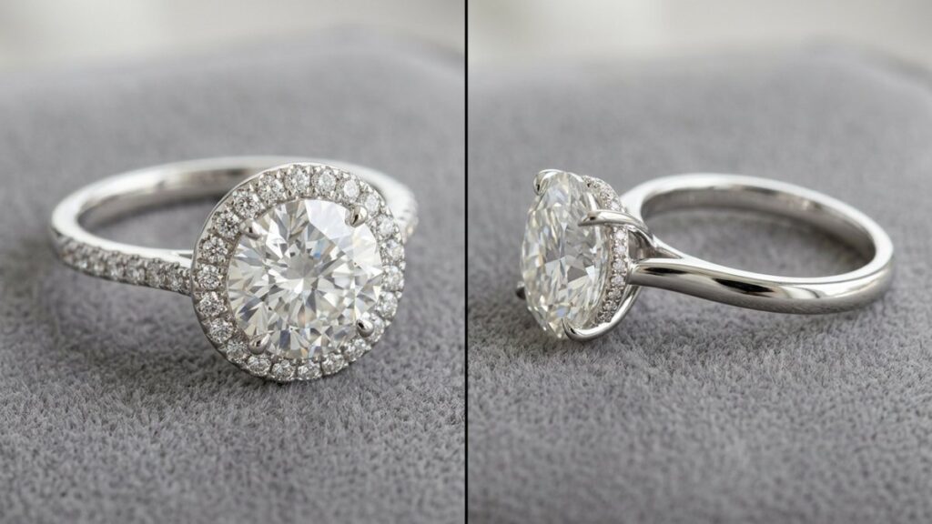A halo diamond ring and a hidden halo diamond ring shown side by side on grey velvet.