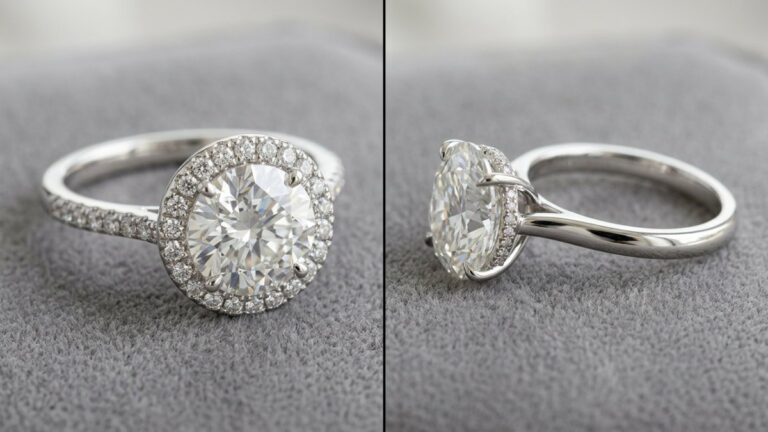 A halo diamond ring and a hidden halo diamond ring shown side by side on grey velvet.