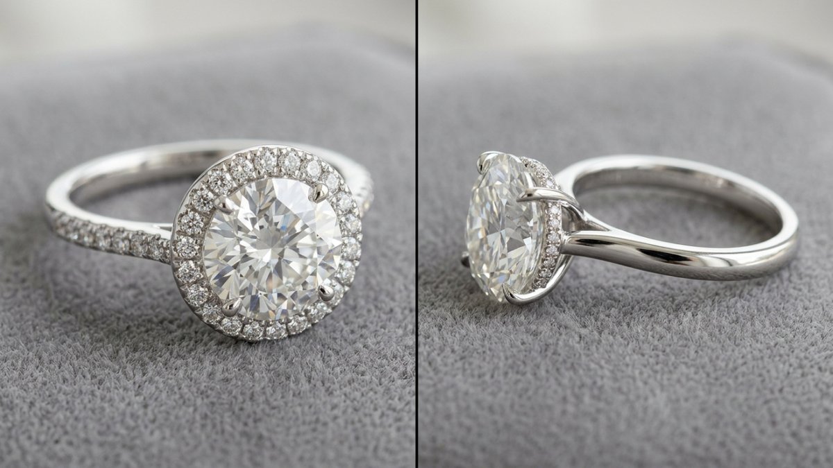 Comparison between hidden halo and classic halo engagement ring settings.