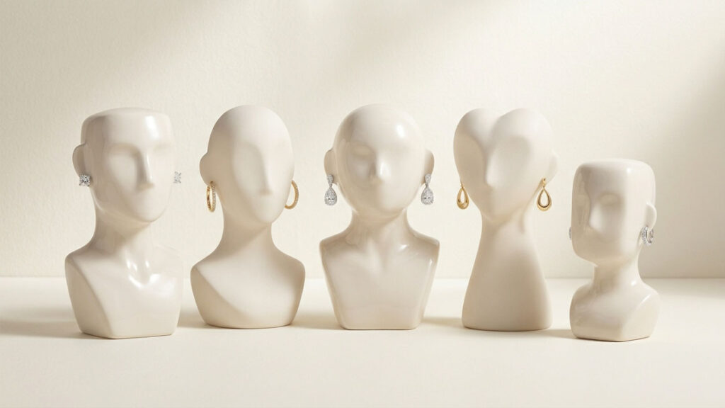 Five mannequin busts wearing different diamond earring styles for face shape comparison.
